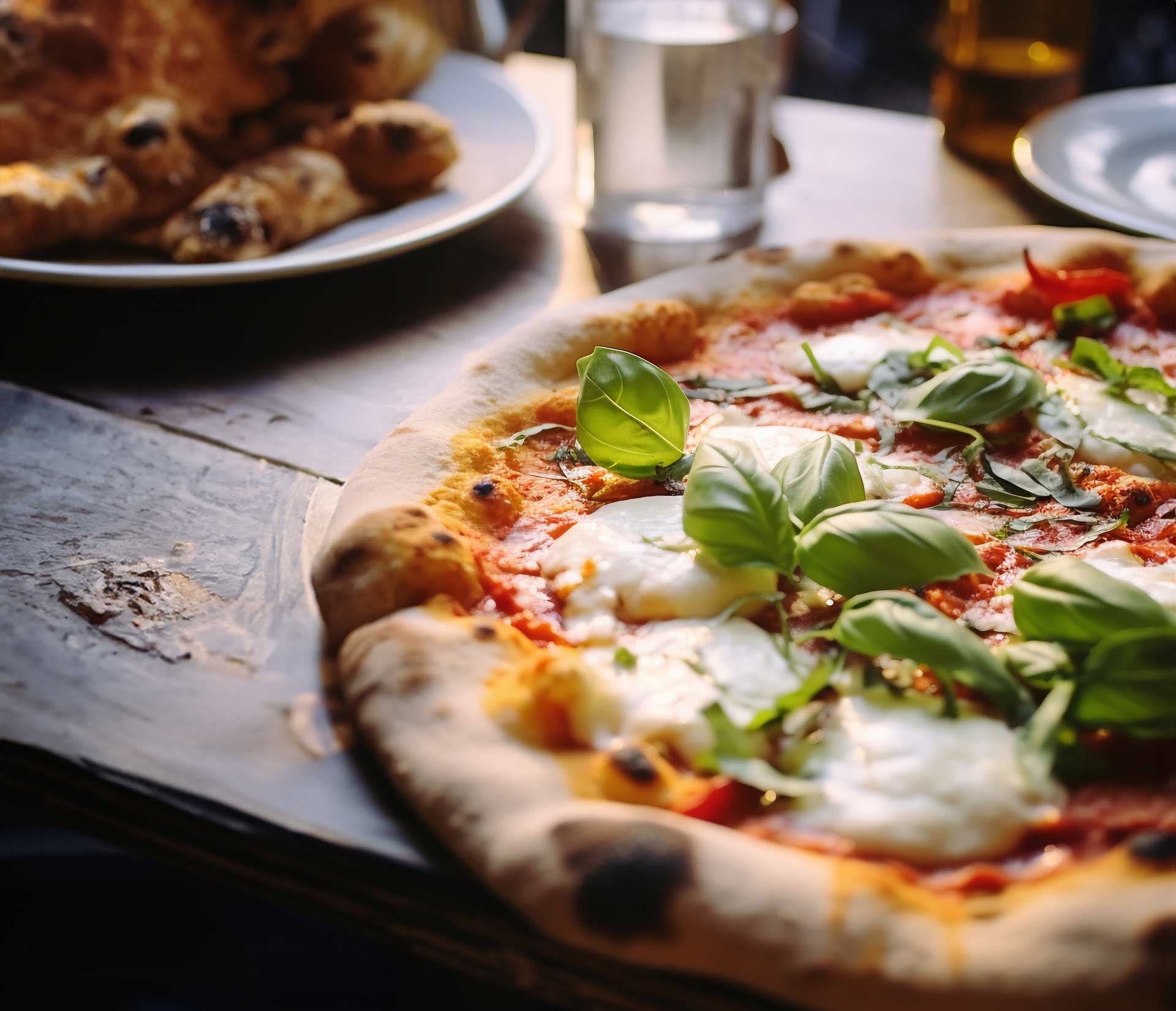 Neapolitanische Pizza mit Mozzarella auf einem Holztisch in Nahaufnahme. 